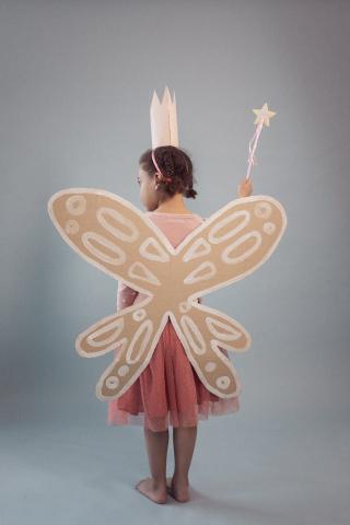 photo of a little girl wearing a fairy costume from behind