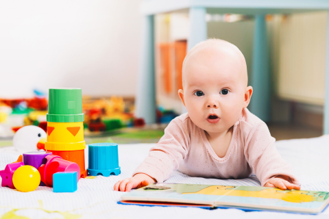 baby with a board book looking into the camera