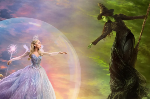 Glinda in a bubble reaching out to Elphaba on her broom