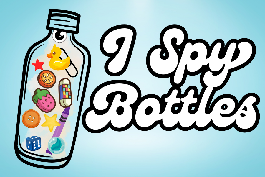 Illustration of a bottle with random objects inside labeled I Spy Bottles