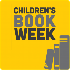 yellow square with grey and black text "children's book week"